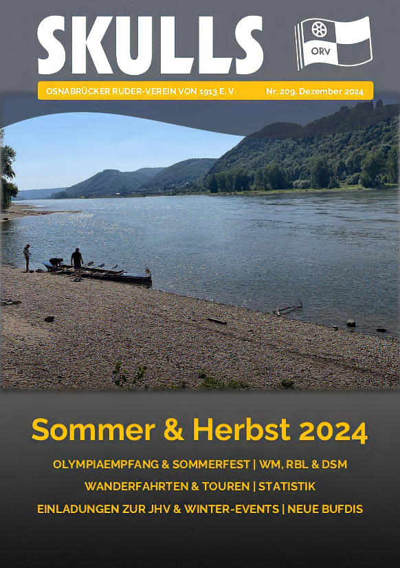 Zeitschriftencover mit Flusslandschaft, Ruderbooten und Personen; Thema: Ruderaktivitäten und Vereinsleben.