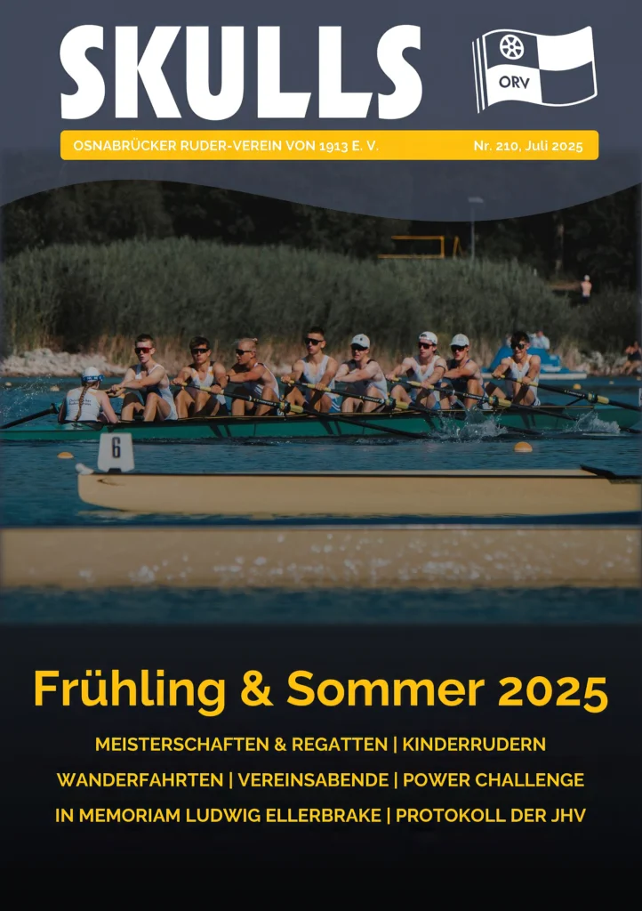 Cover der Zeitschrift "SKULLS" zeigt Ruderer auf dem Wasser, umgeben von grüner Vegetation.