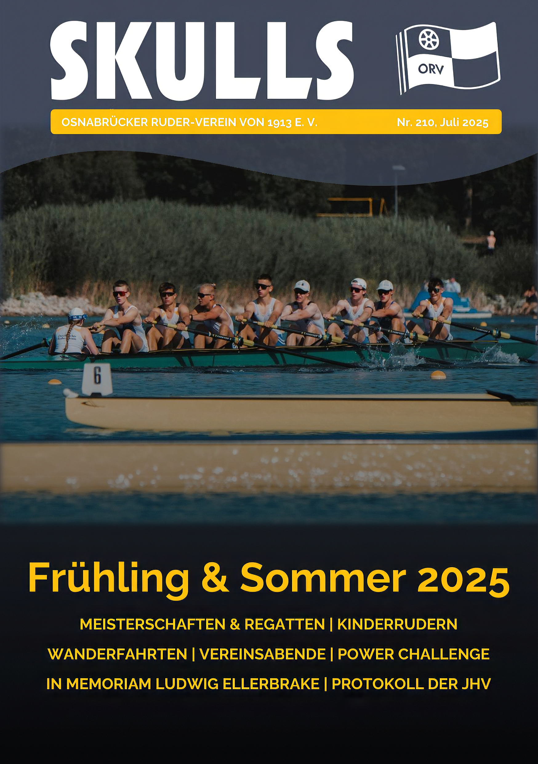 Cover der Zeitschrift "SKULLS" zeigt Ruderer auf dem Wasser, umgeben von grüner Vegetation.