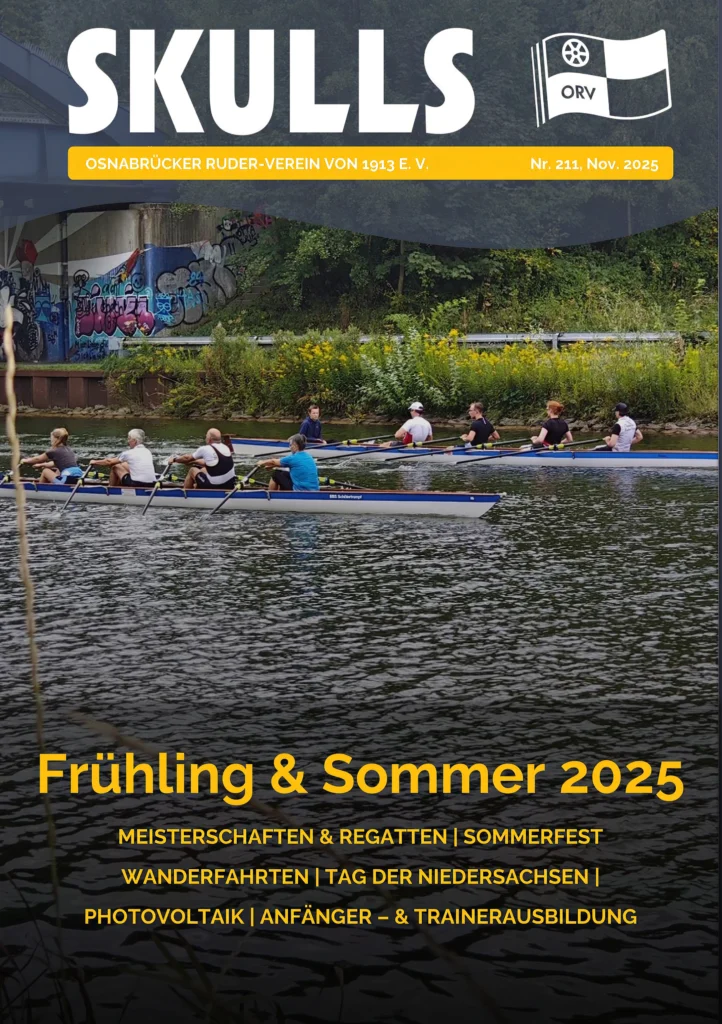 Cover der Zeitschrift "SKULLS" mit Ruderern unter einer graffiti-verzierten Brücke auf einem Fluss.