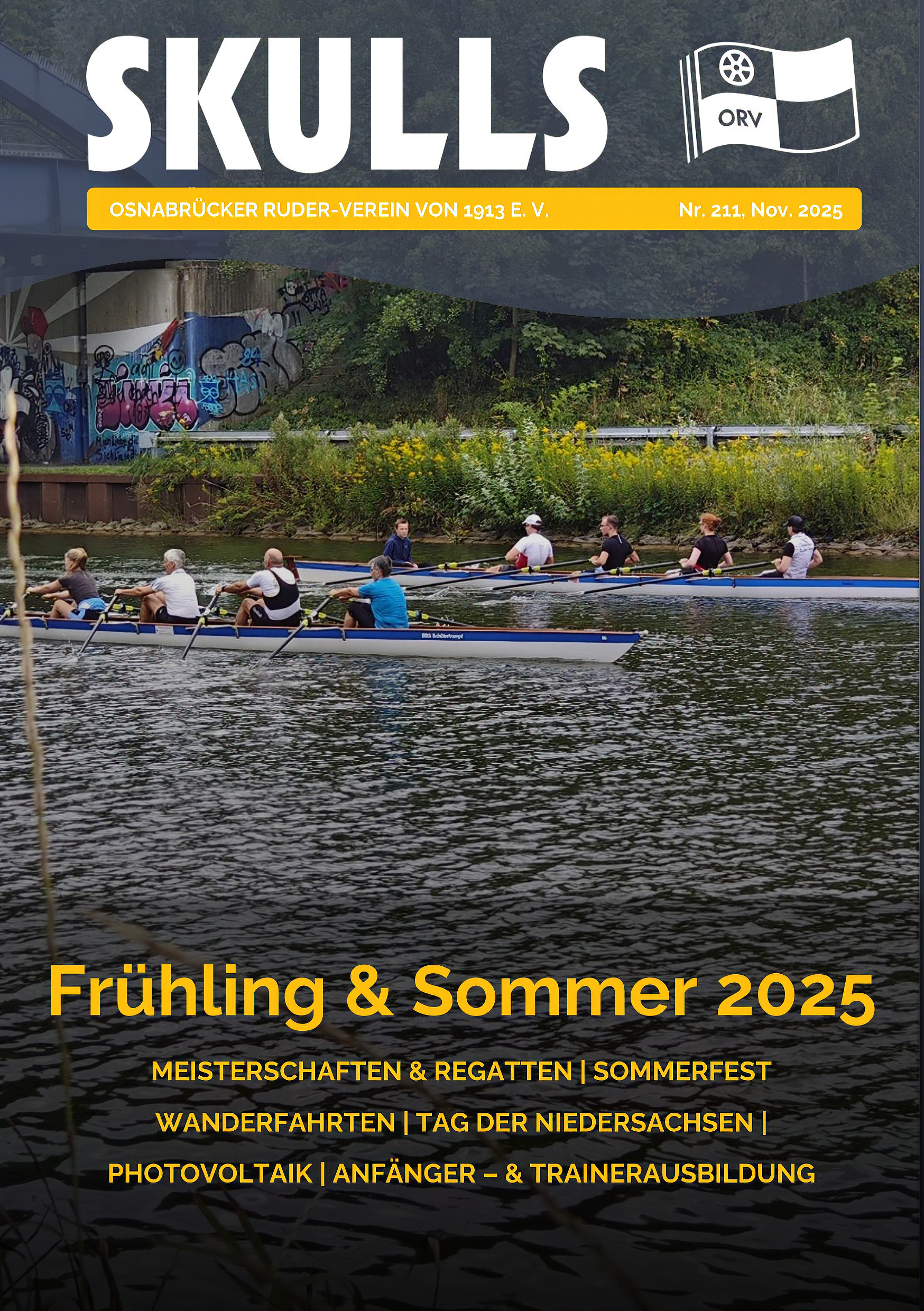 Cover der Zeitschrift "SKULLS" mit Ruderern unter einer graffiti-verzierten Brücke auf einem Fluss.