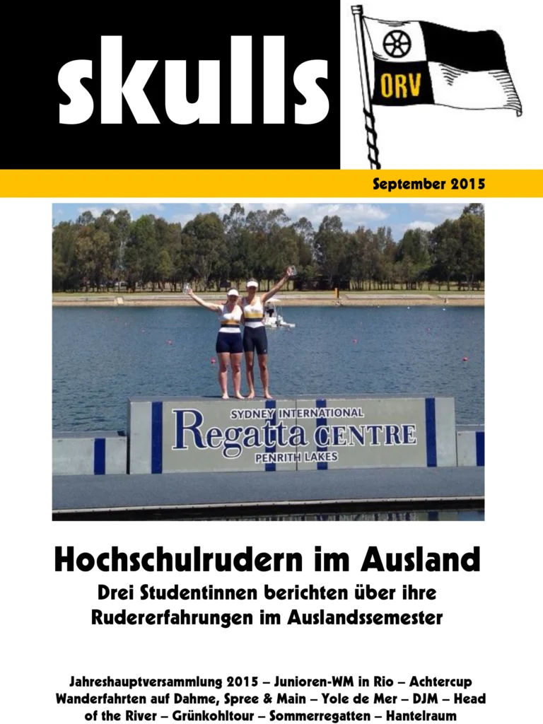 Magazin-Cover "skulls" mit Ruderinnen auf Podest, feiernd vor dem Sydney International Regatta Centre.
