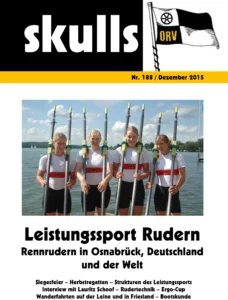 Magazin "skulls" Titelblatt: Vier Ruderer in Sportkleidung posieren vor einem See, Thema Leistungssport.