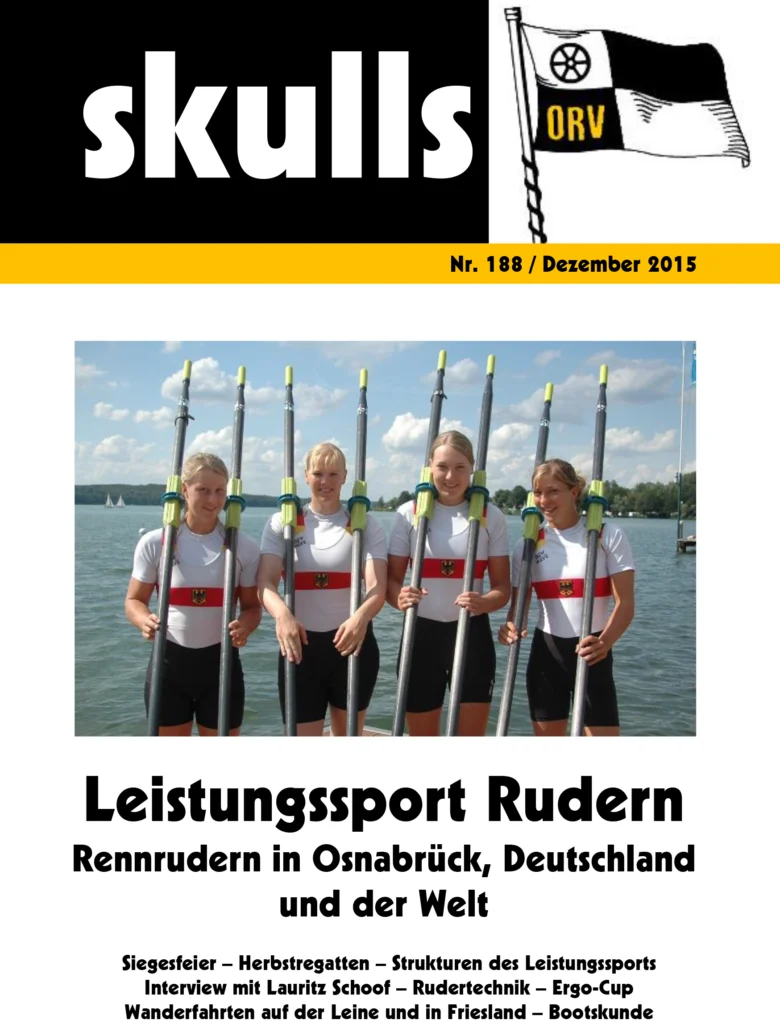 Magazin "skulls" Titelblatt: Vier Ruderer in Sportkleidung posieren vor einem See, Thema Leistungssport.