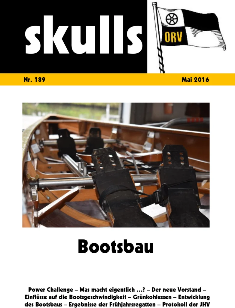 Titelblatt der Zeitschrift "skulls" mit Bild eines Bootsinneren und dem Logo "ORV", Mai 2016 Ausgabe.