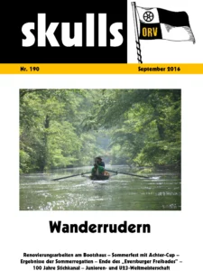 Zeitschriftencover "skulls": Zwei Personen rudern auf einem Fluss, umgeben von üppigem Grün.