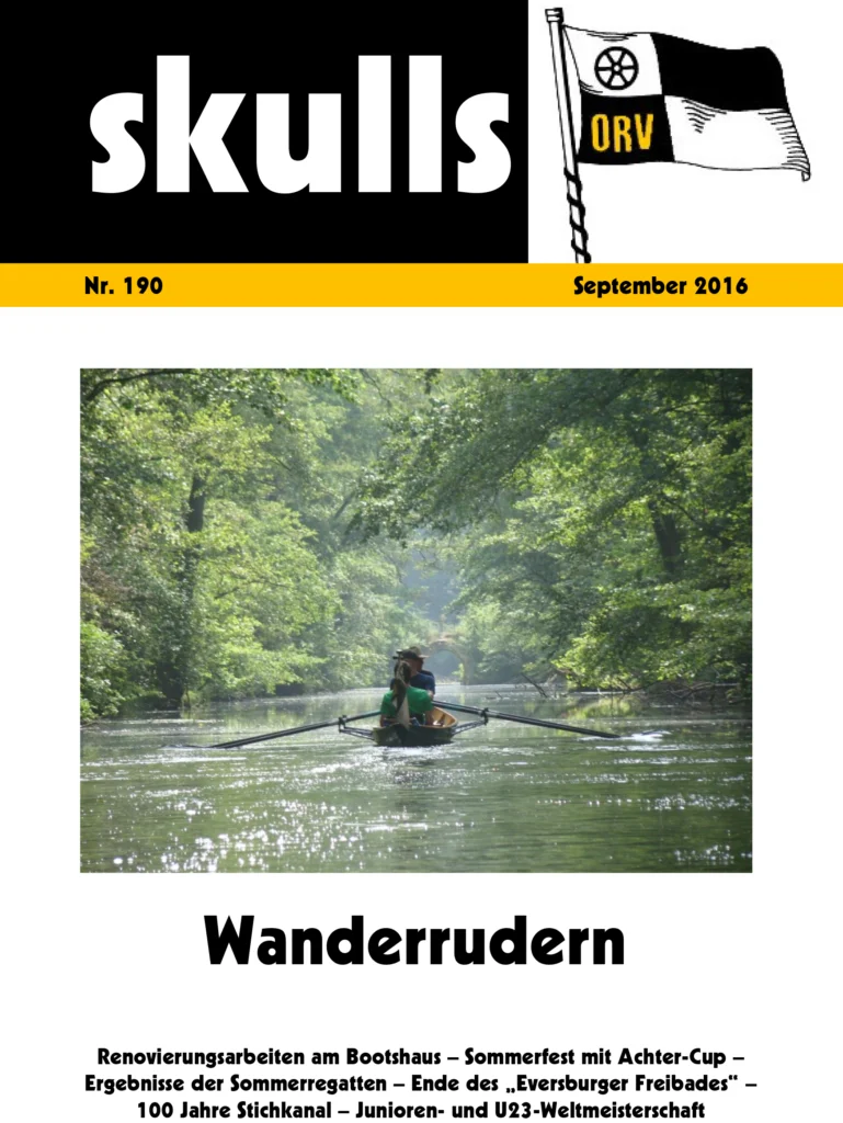 Zeitschriftencover "skulls": Zwei Personen rudern auf einem Fluss, umgeben von üppigem Grün.