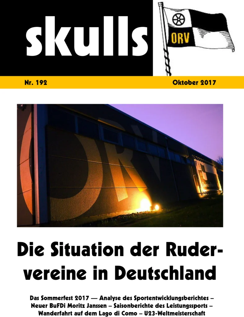 Magazincover "skulls" Nr. 192, Oktober 2017, mit beleuchteter Gebäudefassade und "ORV"-Flagge.
