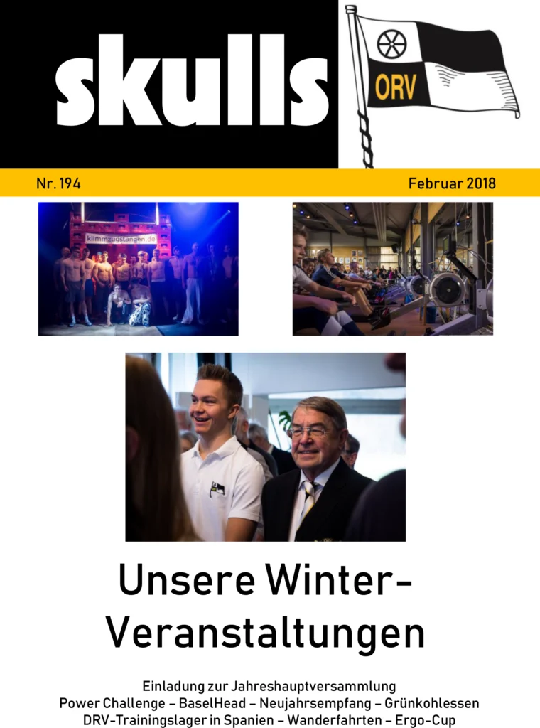 Titelblatt der Publikation "skulls" mit sportlichen und gesellschaftlichen Szenen, Ausgabe Februar 2018.