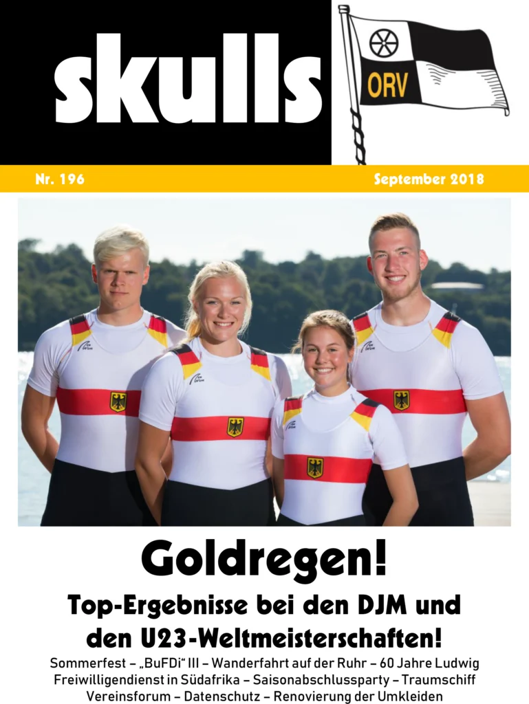 Vier junge Erwachsene in deutscher Ruderbekleidung lächeln stolz auf dem Magazincover "skulls".