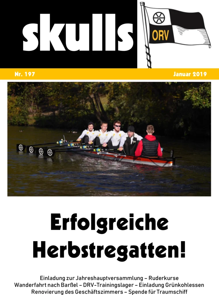 Zeitschriftencover "skulls": Ruderer in Aktion auf Wasser, Titel "Erfolgreiche Herbstregatten!".