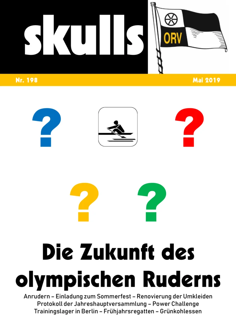 Zeitschriftencover "skulls" Mai 2019 mit Rudersport-Themen und bunten Fragezeichen auf schwarzem Hintergrund.