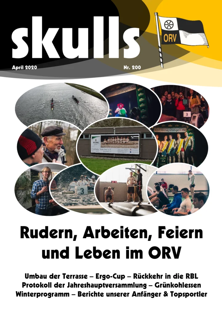Zeitschriftencover "skulls" Nr. 200, April 2020, mit Ruderern, Vereinsleben und sportlichen Aktivitäten.