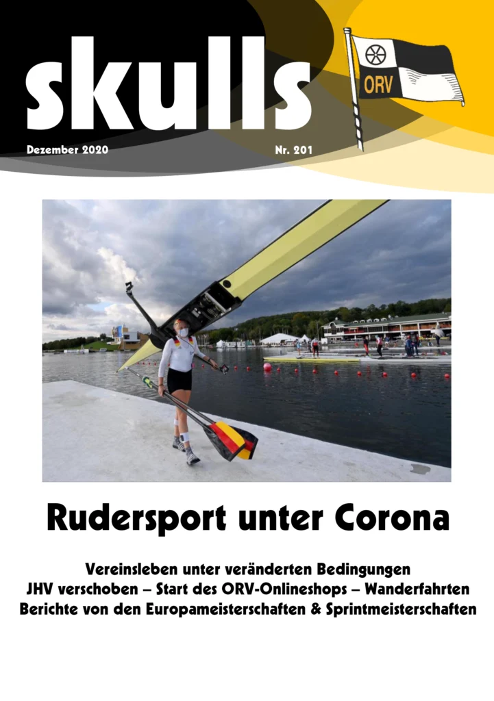 Cover der Zeitschrift "skulls" mit einer Person, die ein Ruderboot trägt, und dem Thema Rudersport unter Corona.