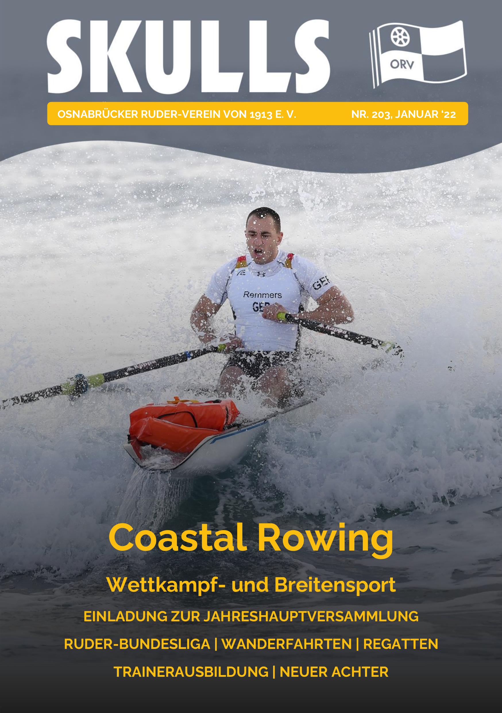 Ein Ruderer in sportlicher Kleidung kämpft in einem Ruderboot gegen stürmische Wellen an.