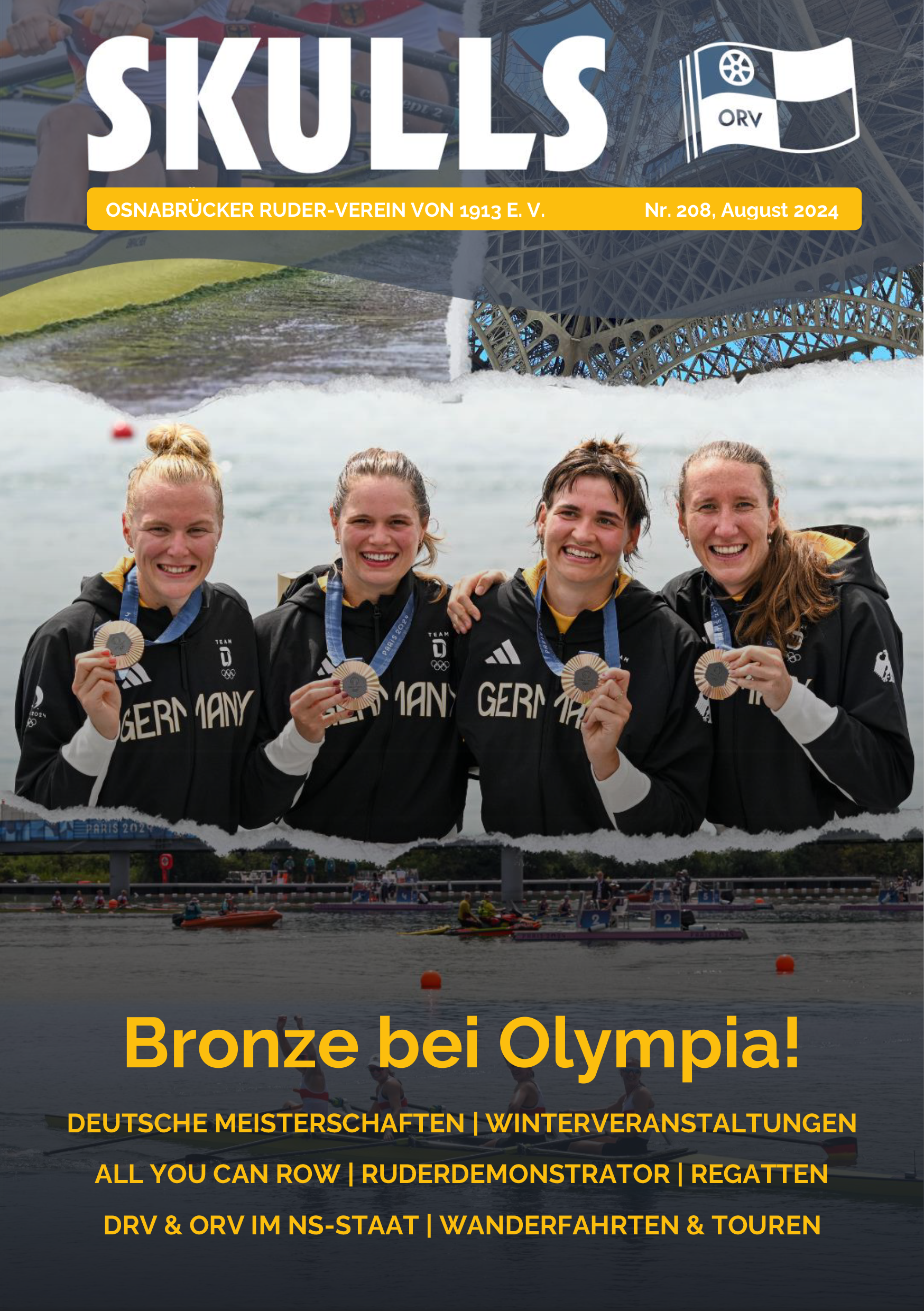 Vier deutsche Ruderinnen mit Bronzemedaillen lächeln stolz auf dem Cover der Zeitschrift "SKULLS".