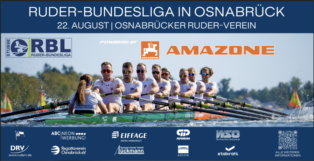 Ein Ruderteam in Aktion auf dem Wasser, umgeben von Sponsorenlogos, bewirbt die Ruder-Bundesliga.