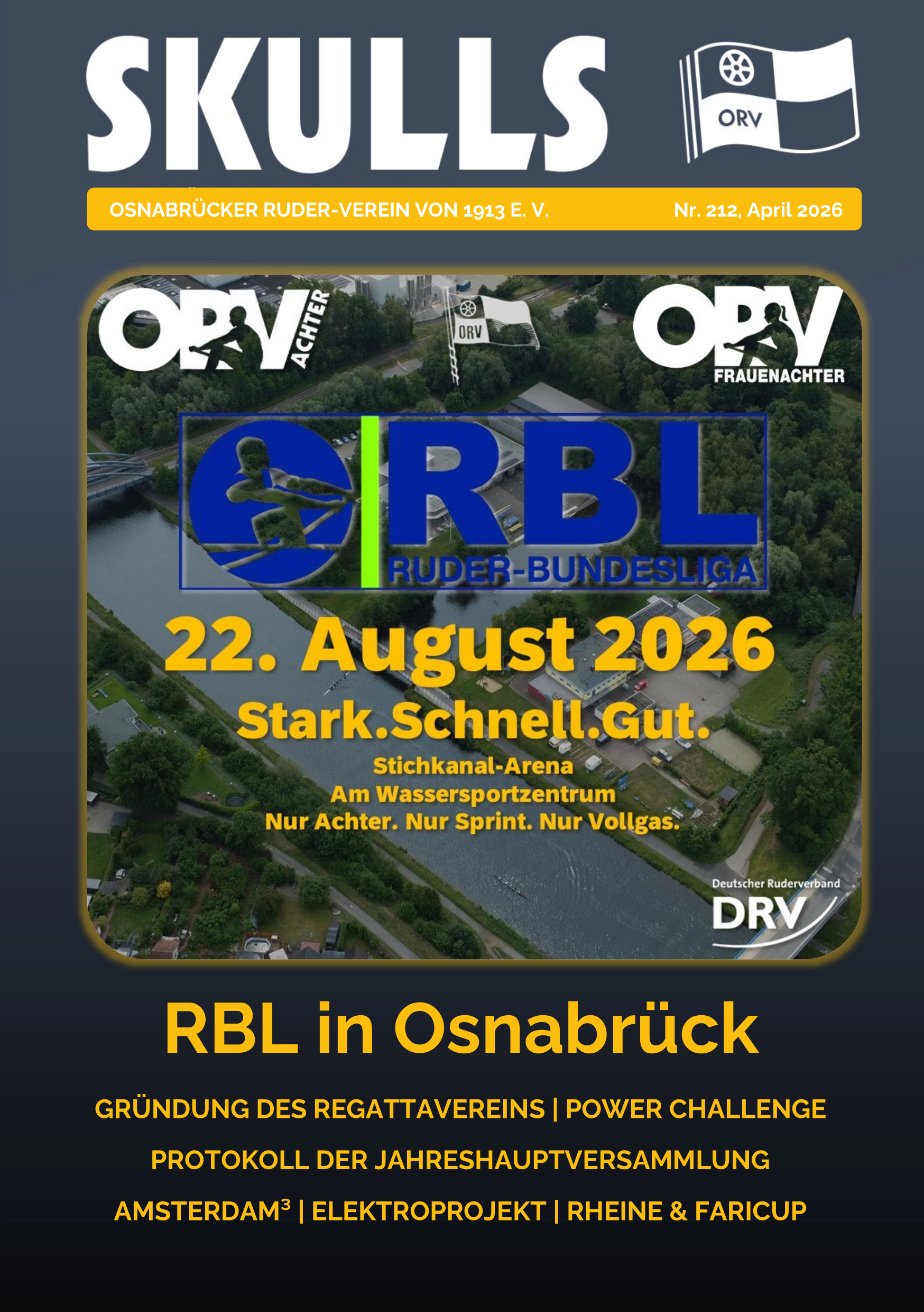 Plakat für das Ruder-Event "SKULLS" am 22. August 2026 in der Stichkanal-Arena, Osnabrück.